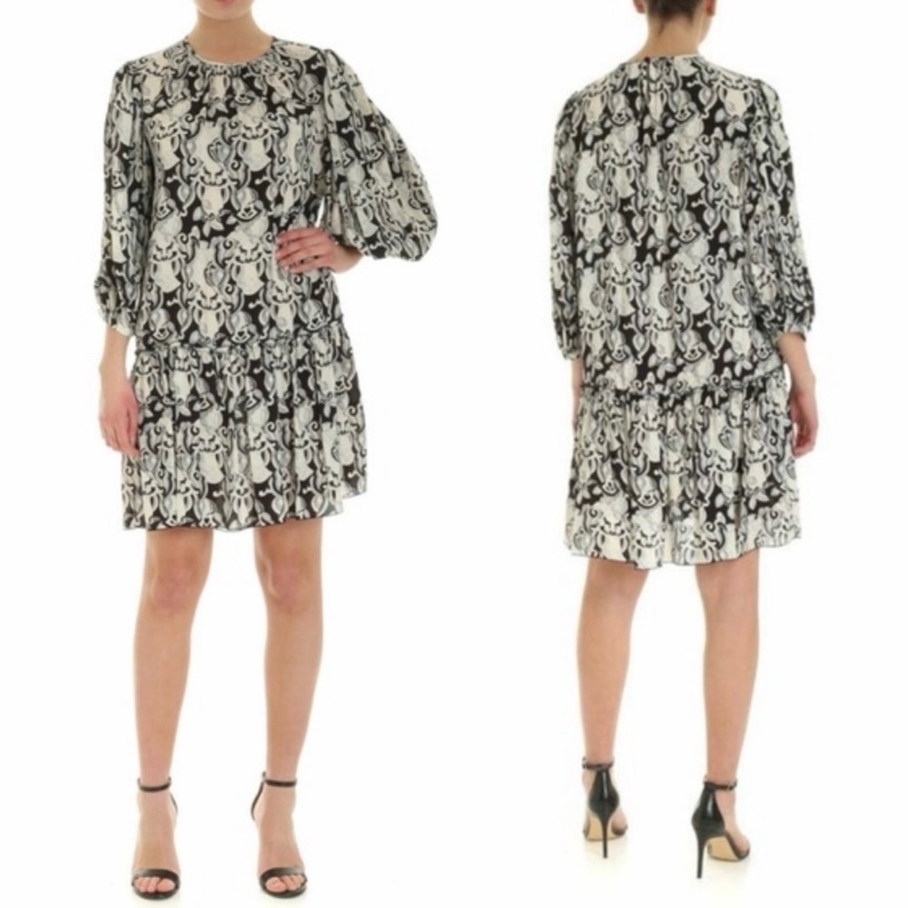 See by Chloé NWT Black White Silk Blend Boho Print Midi Dress | US 4 | Parisian